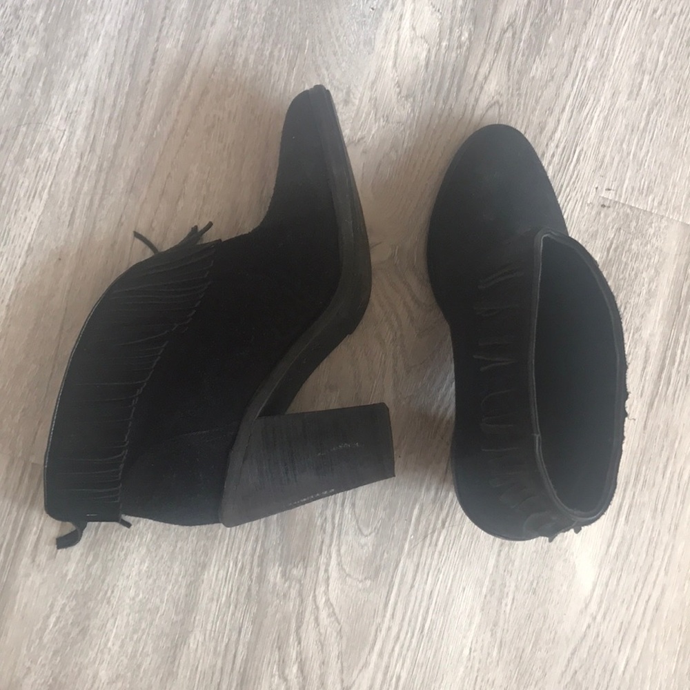 JOIE Genuine black suede cushioned footbed leather fringe comfy boots heels